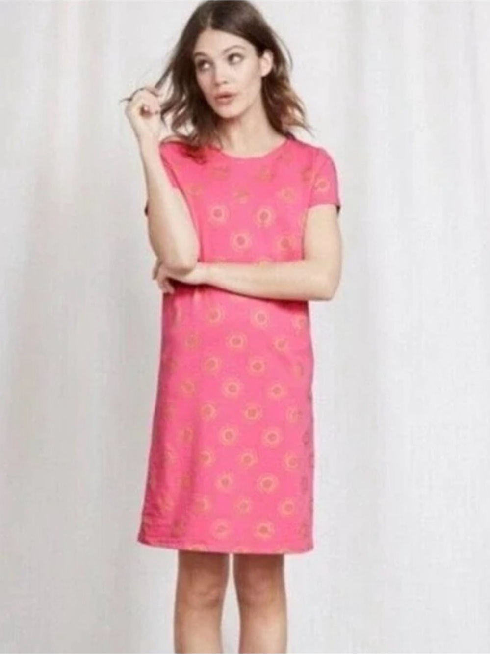 Boden Pink Short-Sleeve Shift Dress with Gold Sun Motif